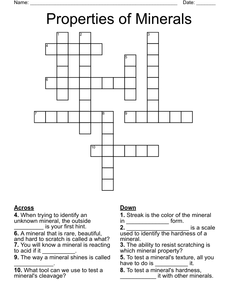 Properties of Minerals Crossword