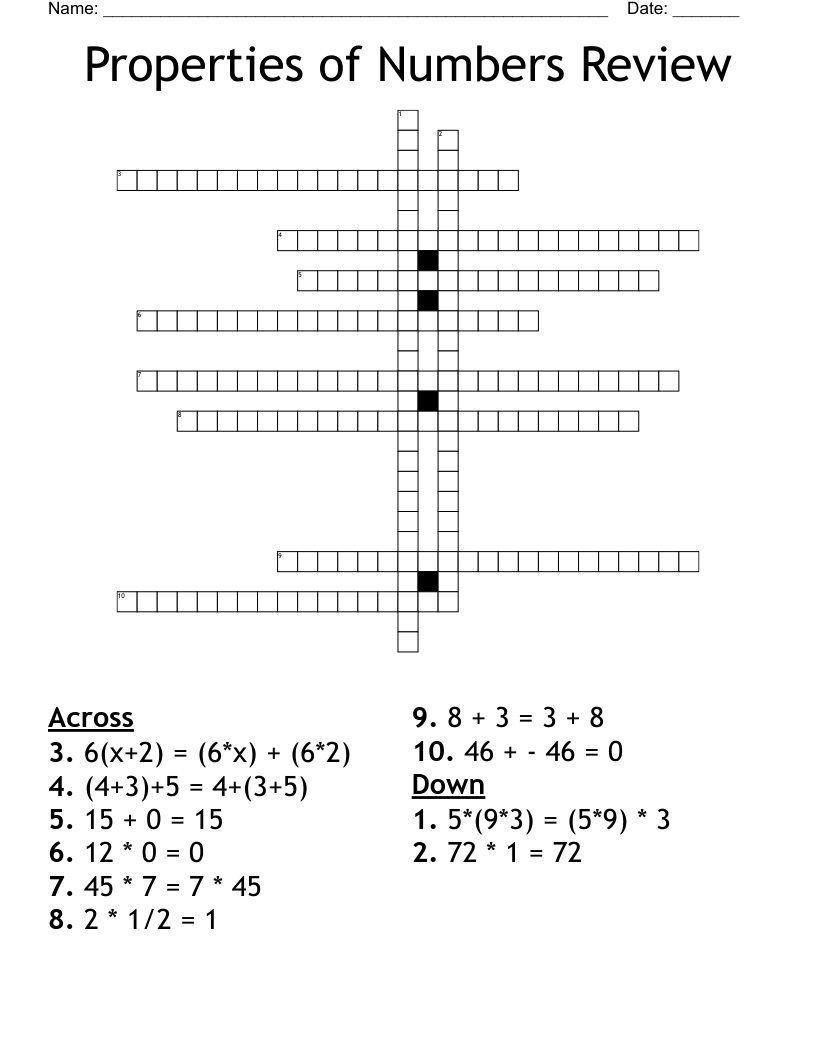 Properties of Numbers Review Crossword