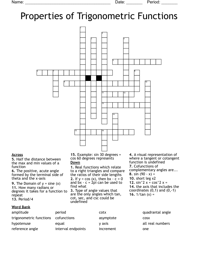 Properties of Trigonometric Functions Crossword