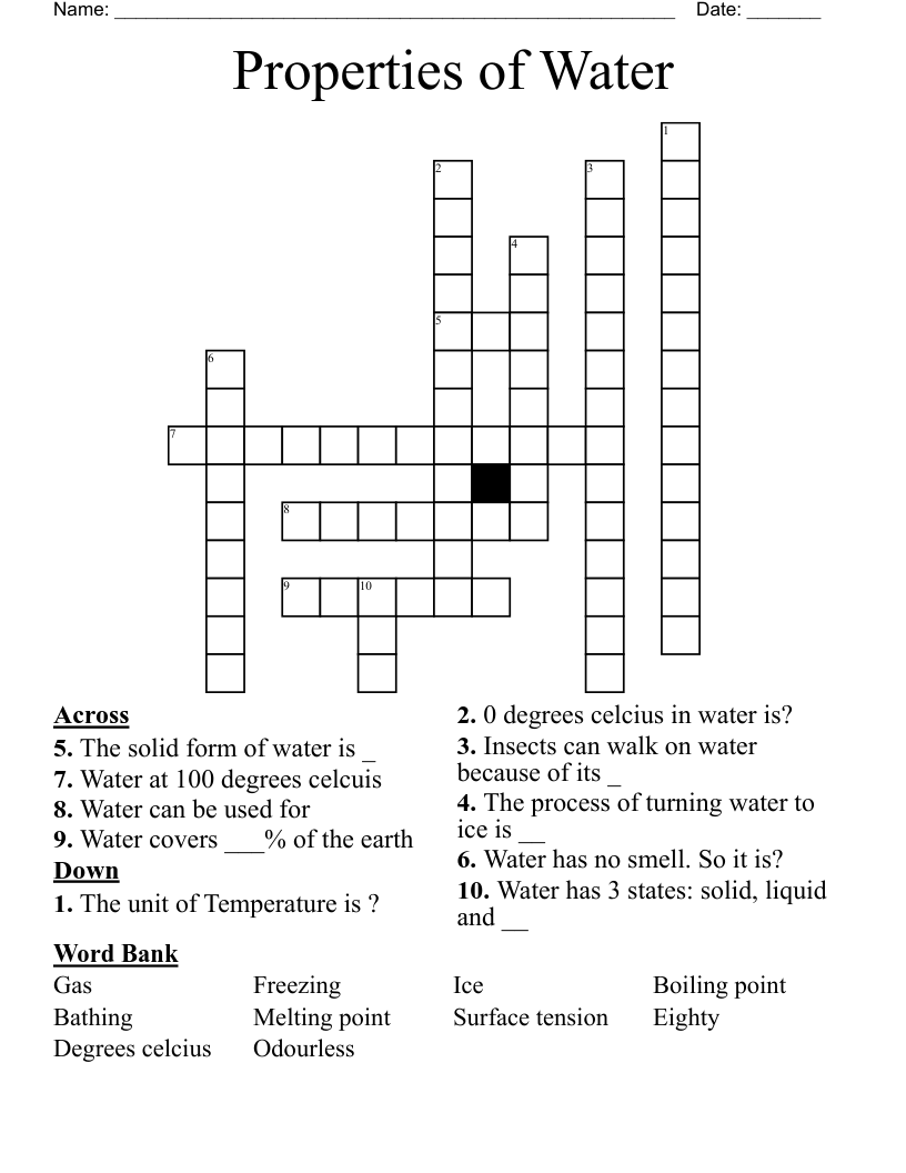 Properties of Water Crossword