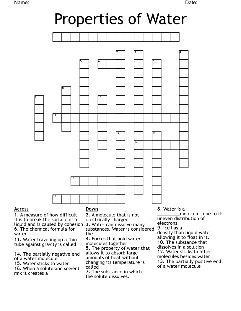 Properties of Water Crossword