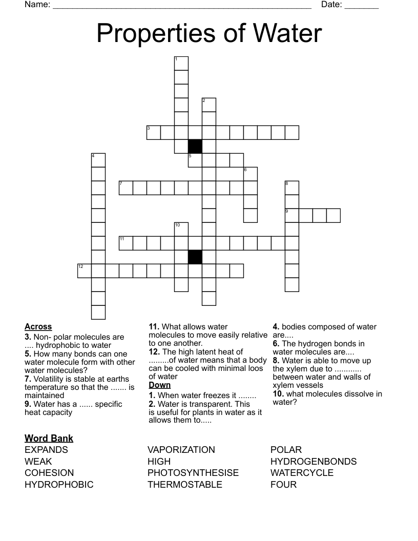 Properties of Water Crossword