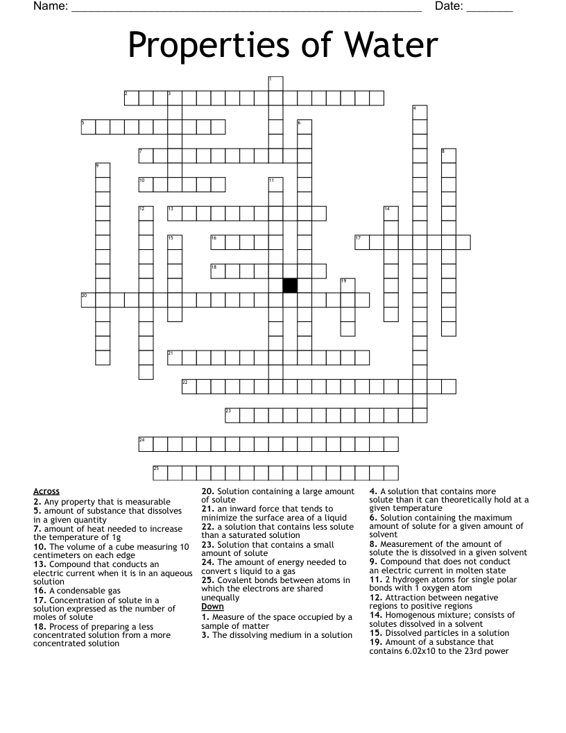 Properties of Water Crossword