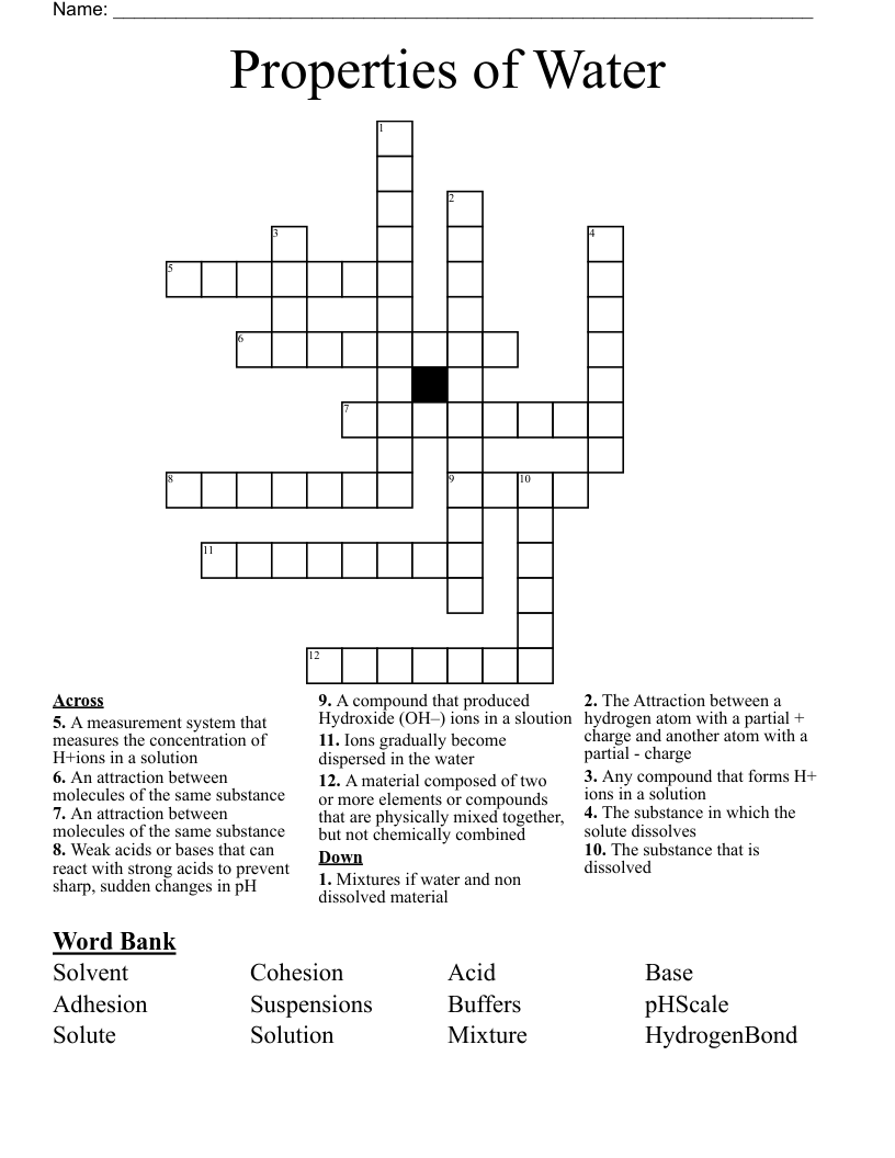 Properties of Water Crossword