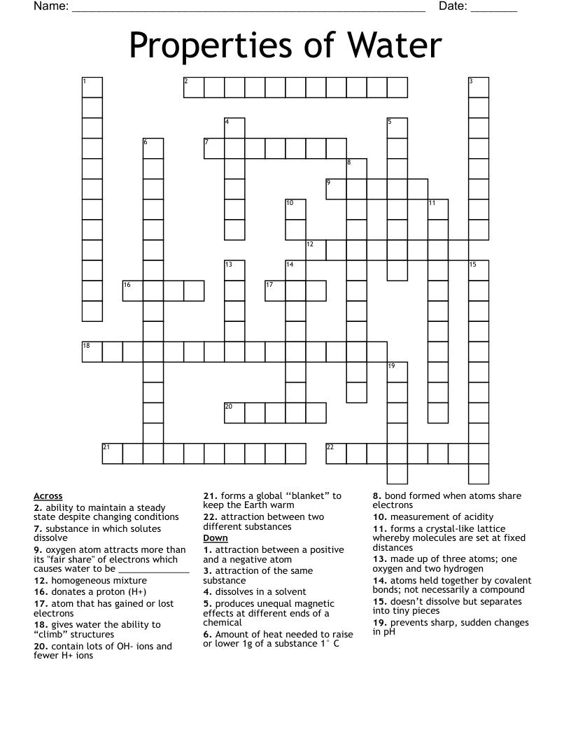 Properties of Water Crossword