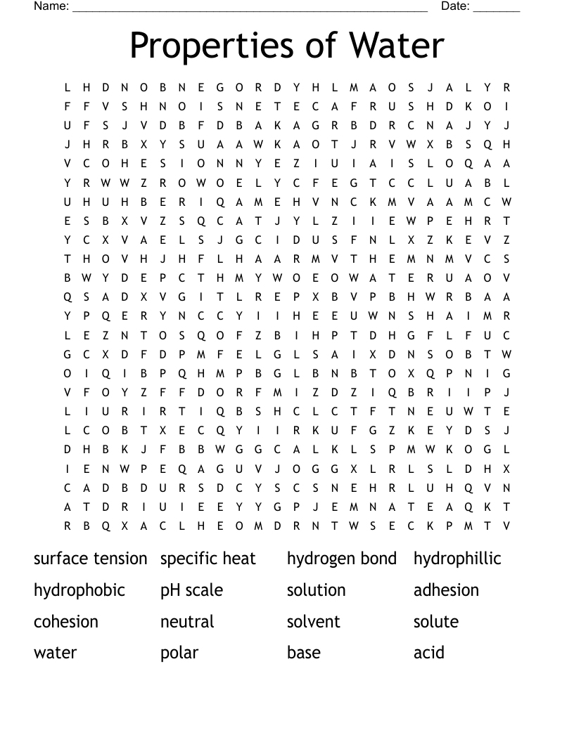 Properties of Water Word Search