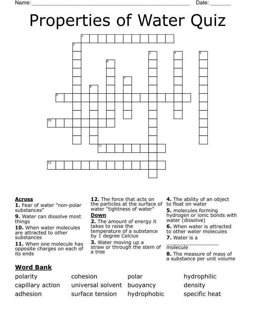Properties of Water Quiz Crossword
