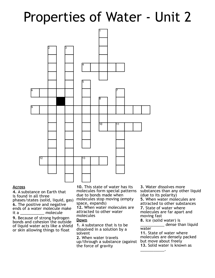 Properties of Water - Unit 2 Crossword
