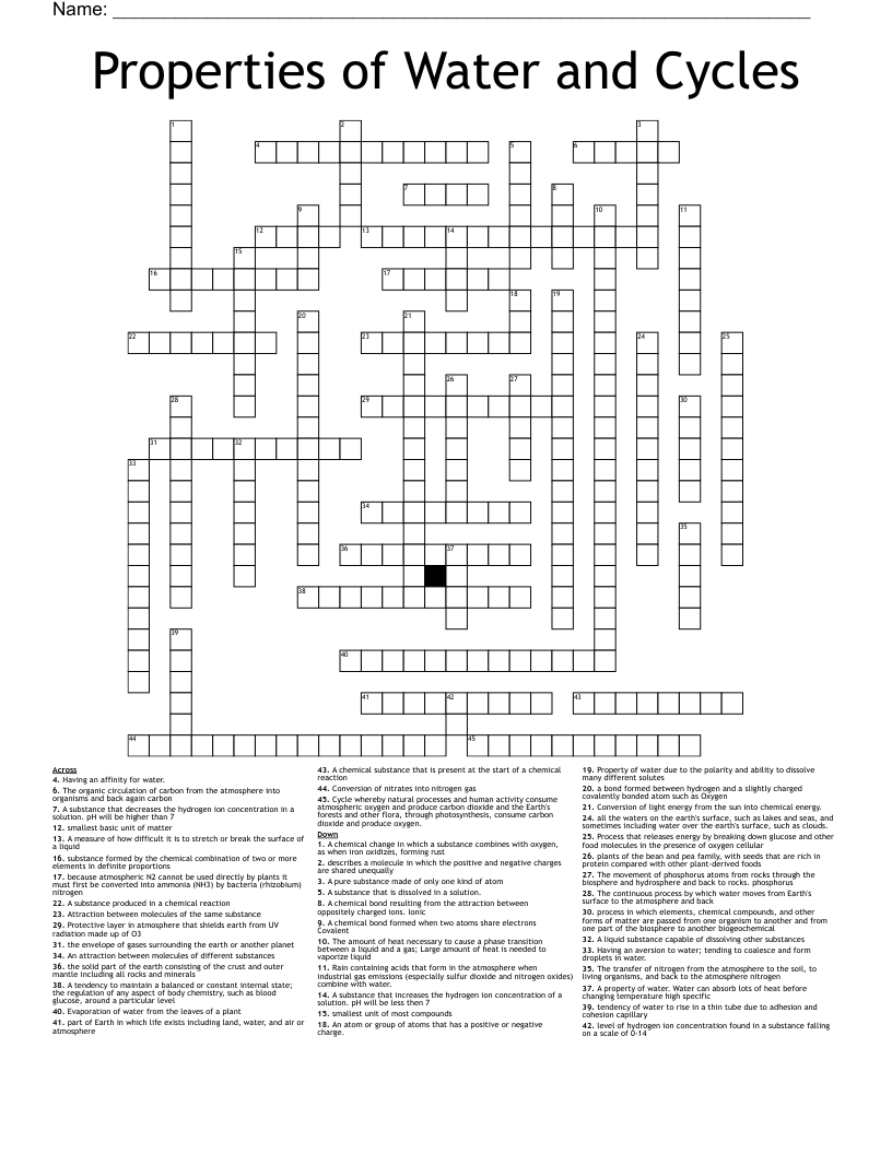 Properties of Water and Cycles Crossword