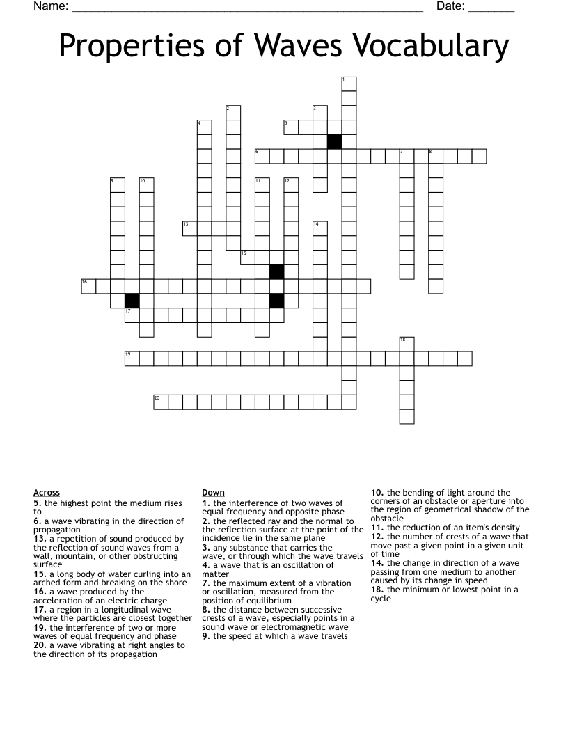 Properties of Waves Vocabulary Crossword