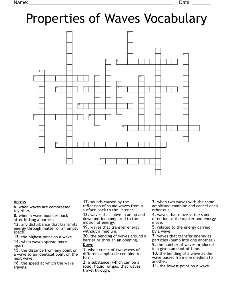 Properties of Waves Vocabulary  Crossword
