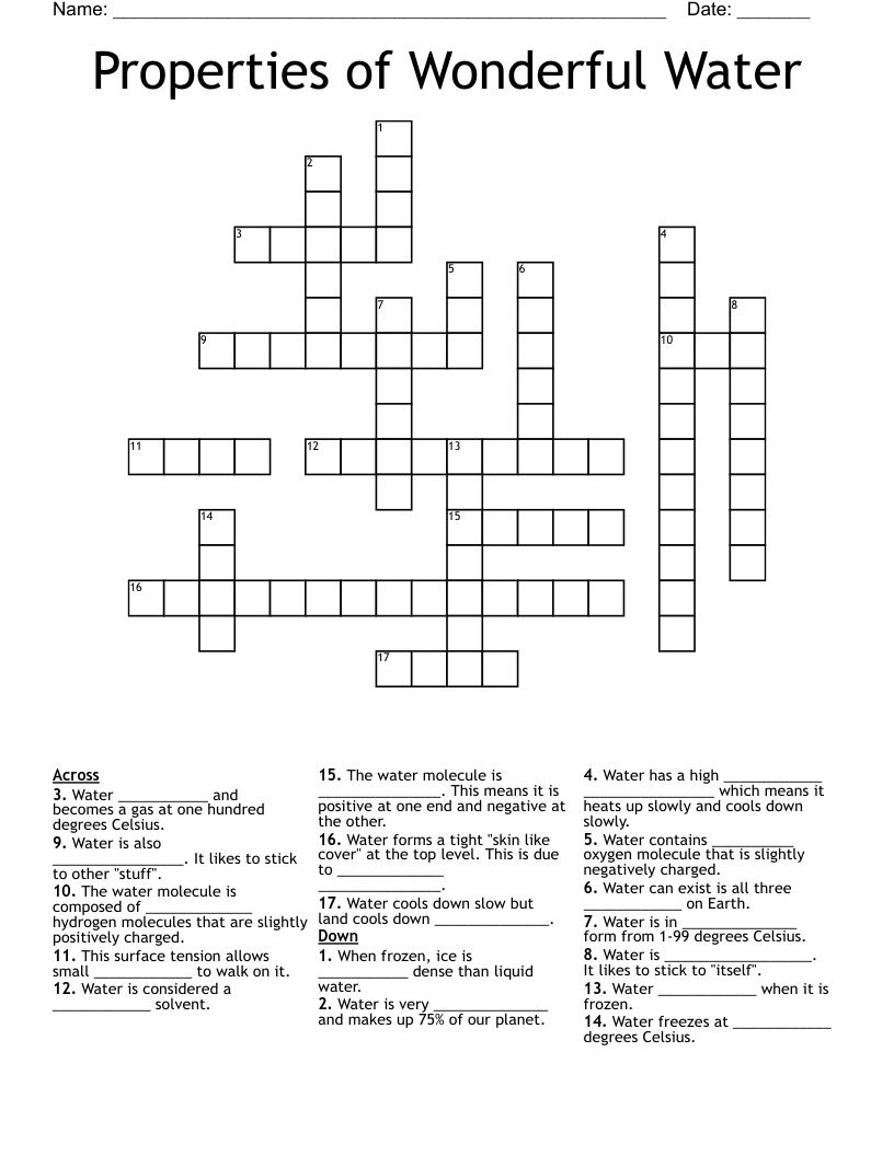 Properties of Wonderful Water Crossword