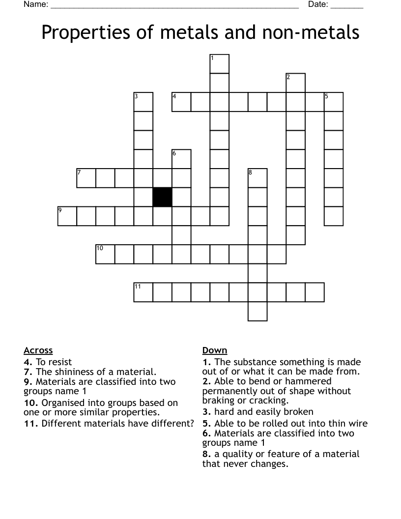 Properties of metals and non-metals Crossword