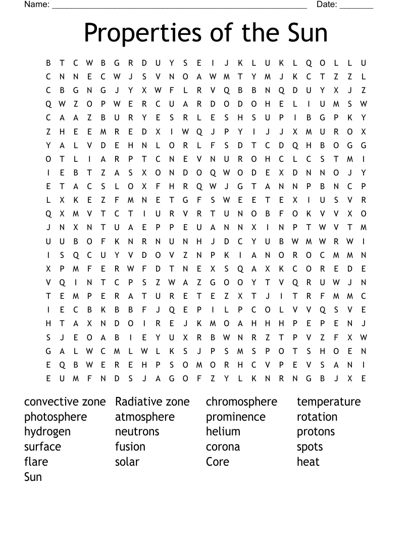 Properties of the Sun Word Search