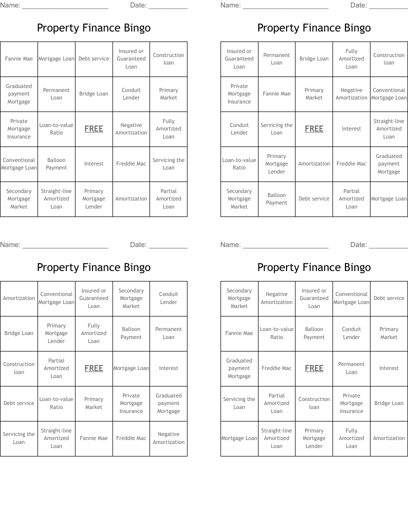 Property Finance Bingo