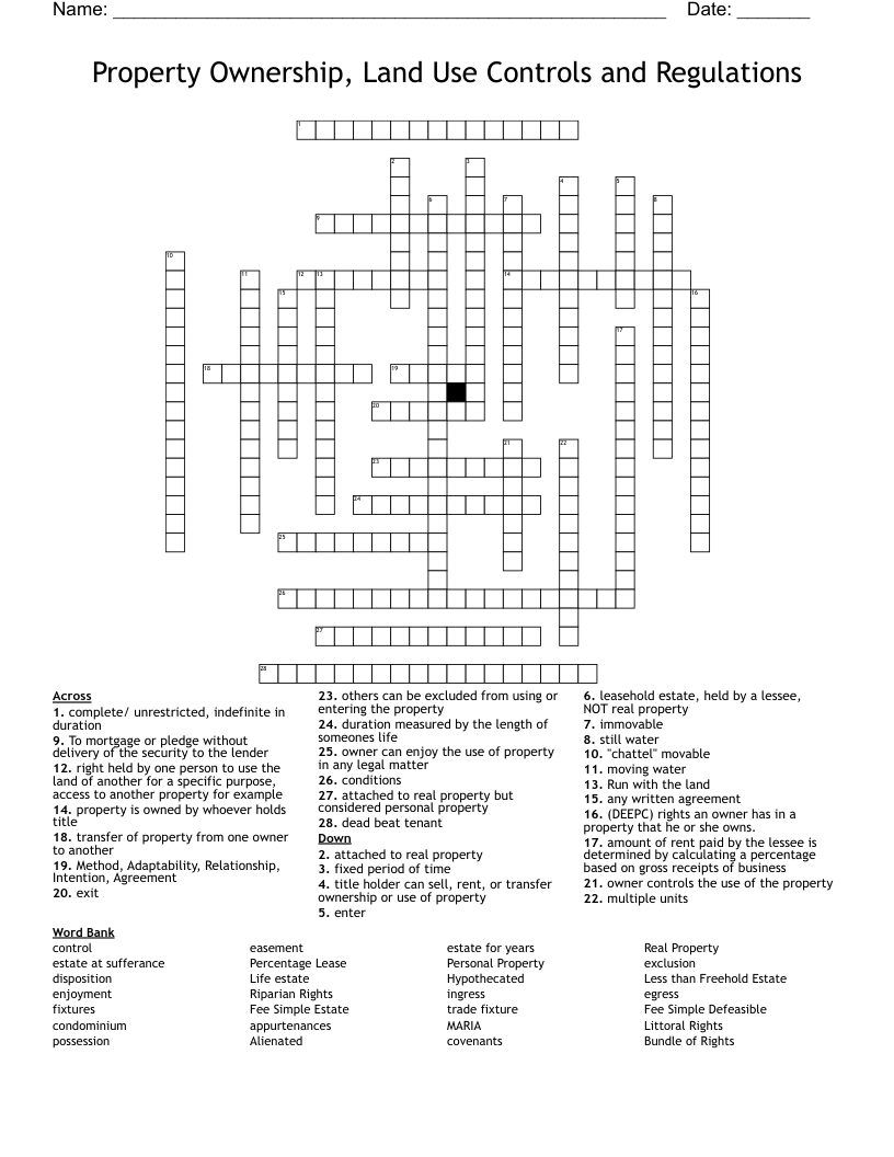 Property Ownership, Land Use Controls and Regulations Crossword