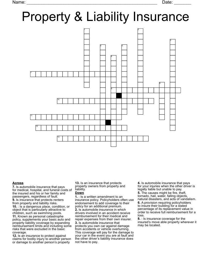 Property & Liability Insurance Crossword