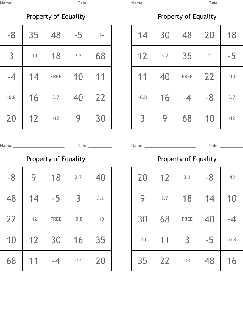 Property of Equality Bingo Cards