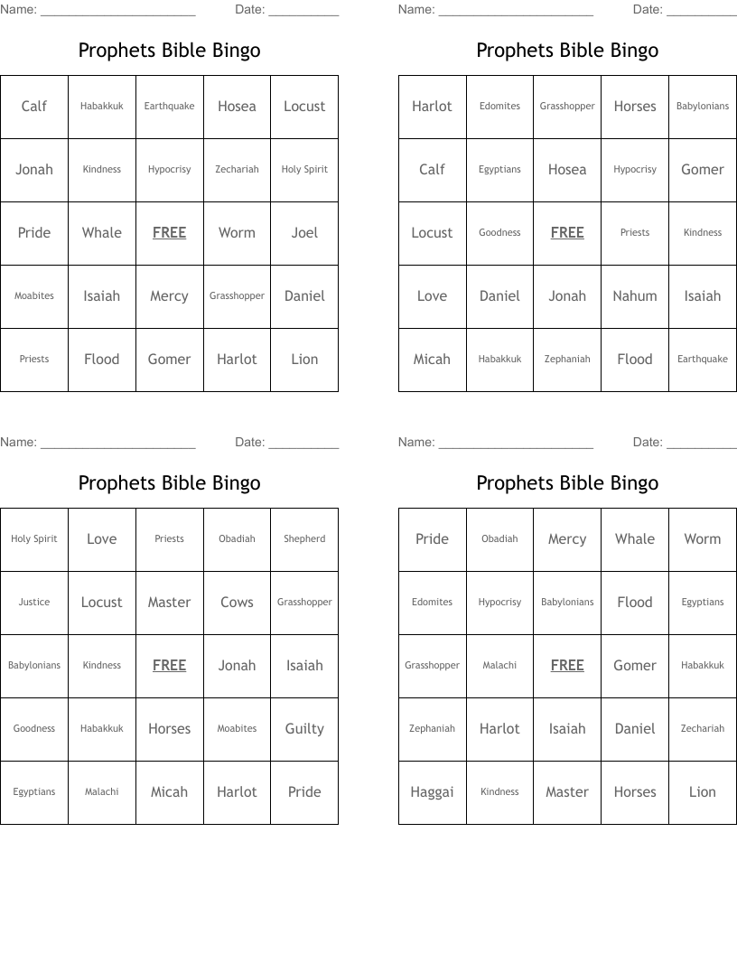 Prophets Bible Bingo