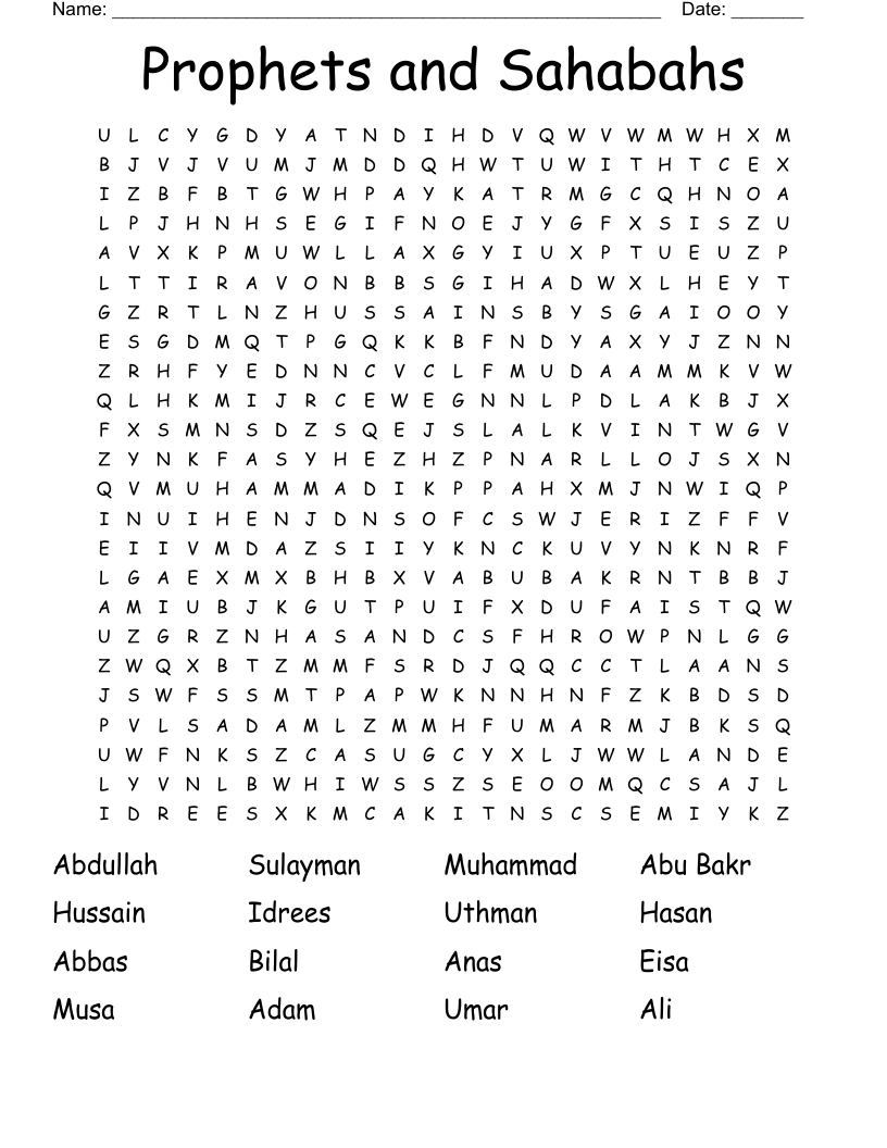 Prophets and Sahabahs Word Search
