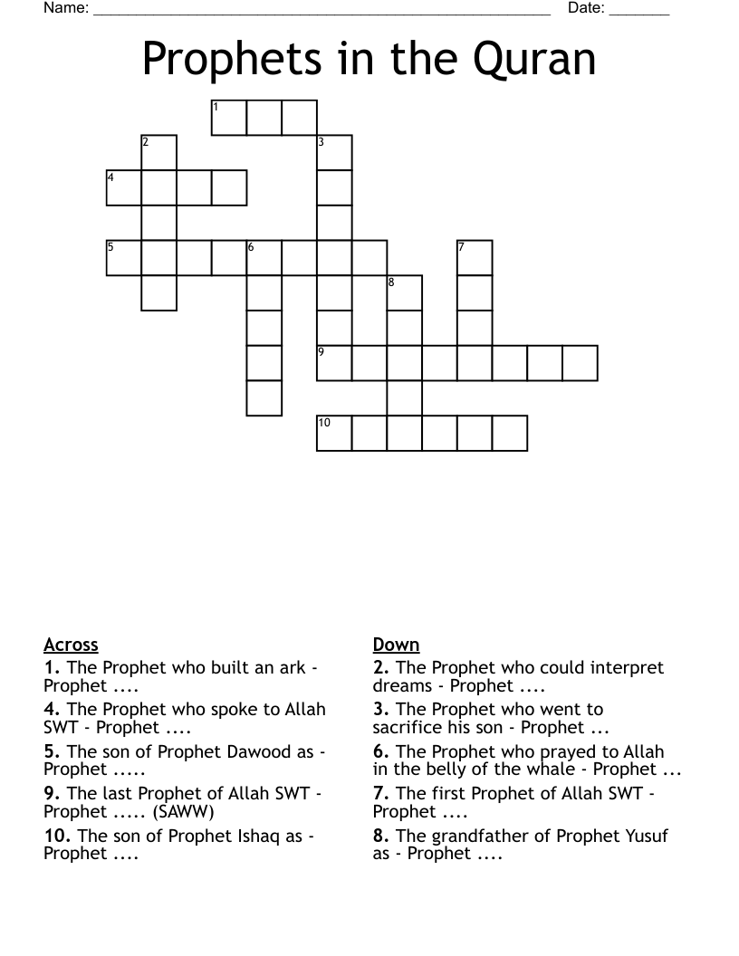 Prophets in the Quran  Crossword