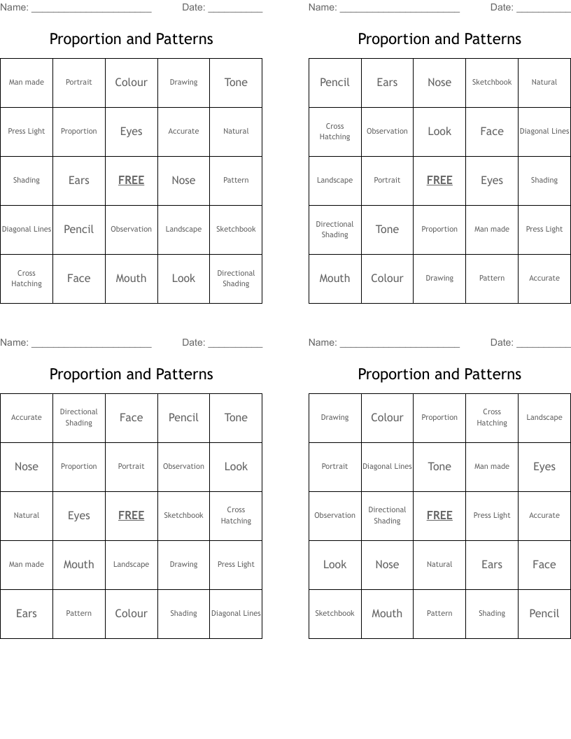 Proportion and Patterns Bingo Cards