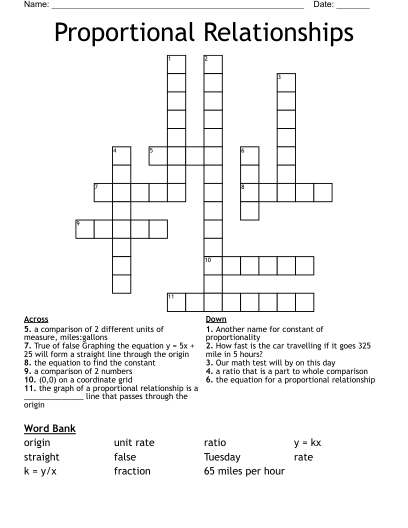 Proportional Relationships Crossword