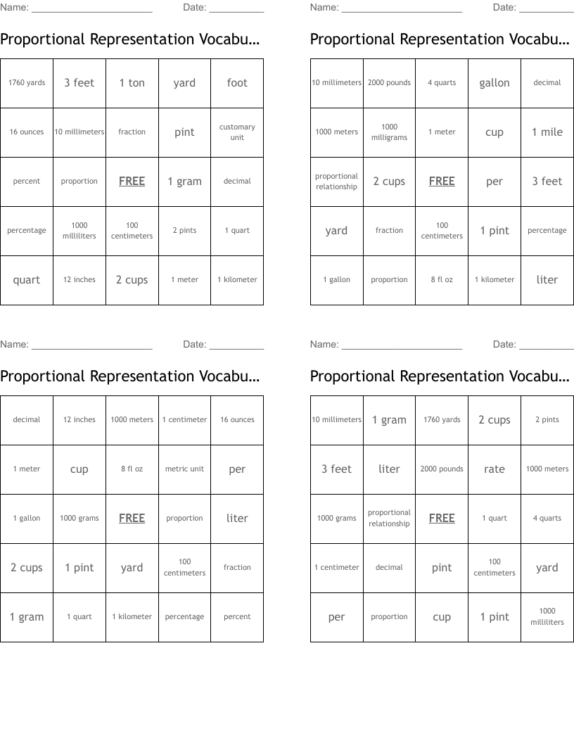 Proportional Representation Vocabulary Bingo Cards