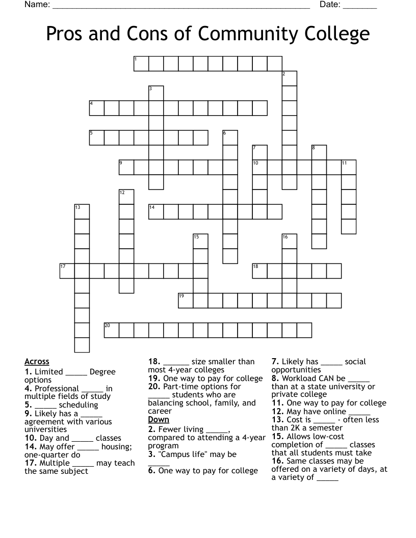 Pros and Cons of Community College  Crossword