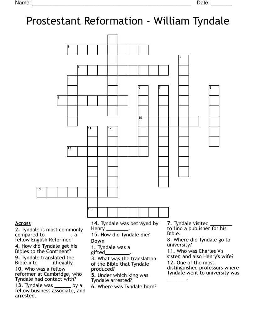 Prostestant Reformation - William Tyndale Crossword