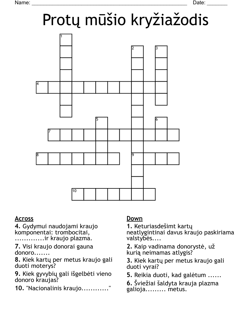 Protų mūšio kryžiažodis Crossword