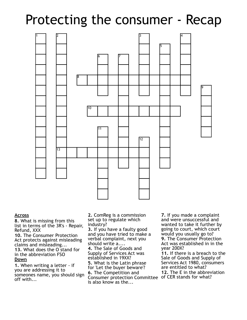 Protecting the consumer - Recap Crossword