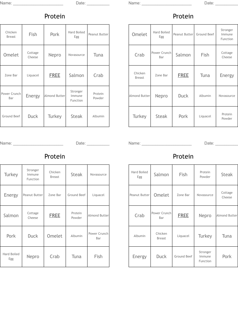 Protein Bingo Cards