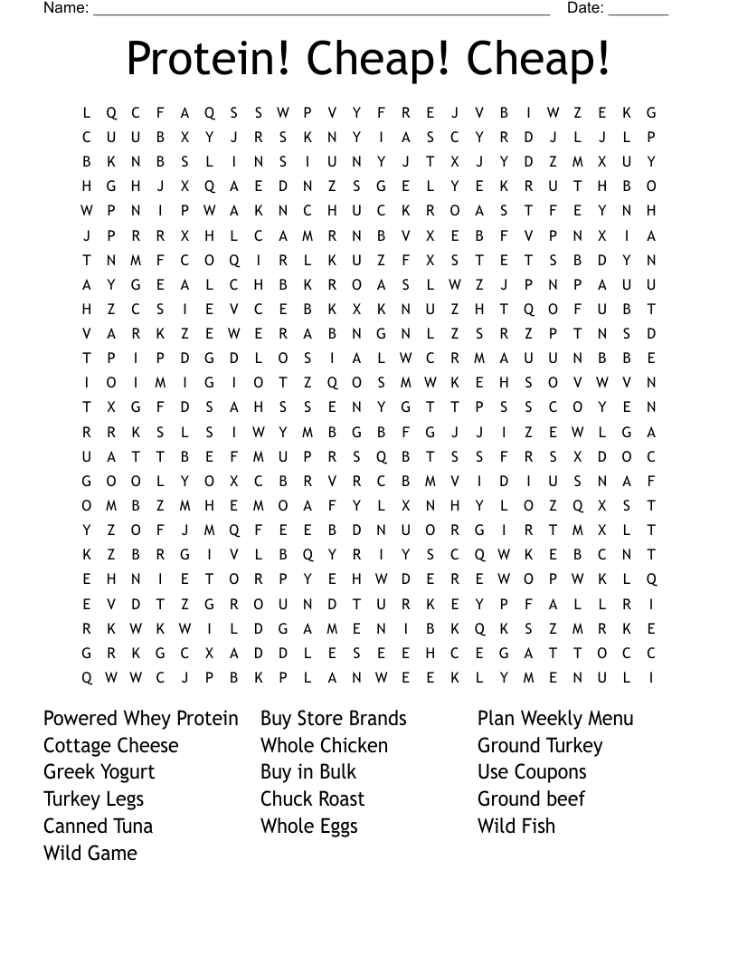Protein!  Cheap! Cheap! Word Search