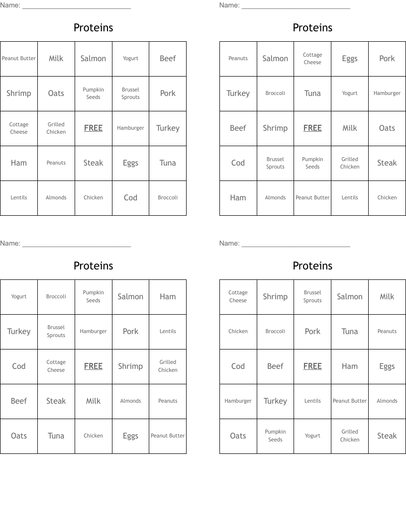 Proteins Bingo Cards