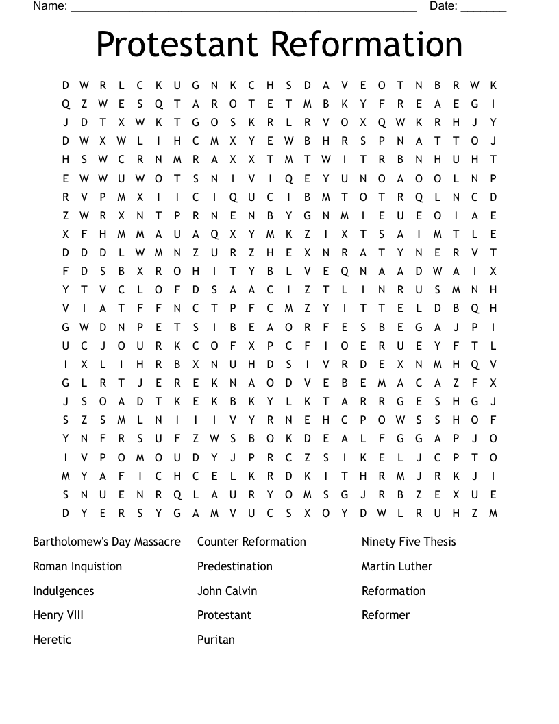 Protestant Reformation Word Search