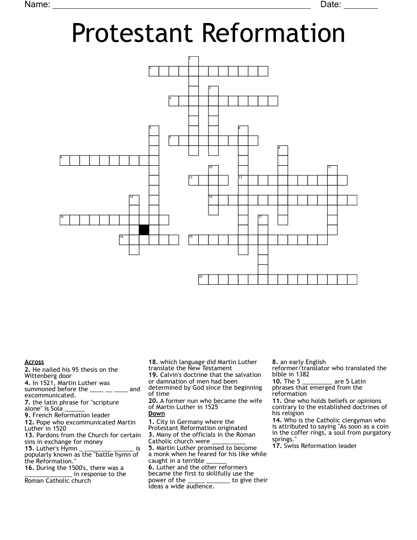 Protestant Reformation Crossword