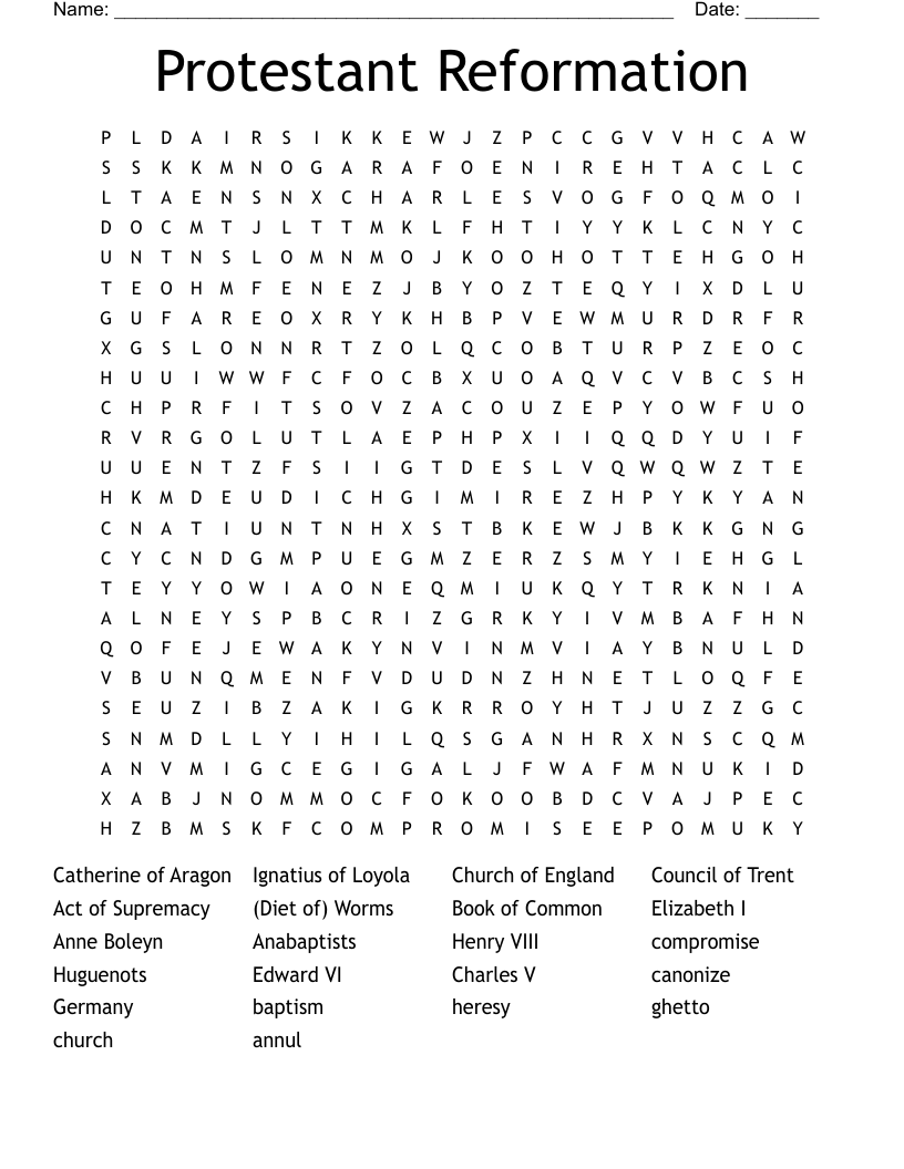 Protestant Reformation Word Search