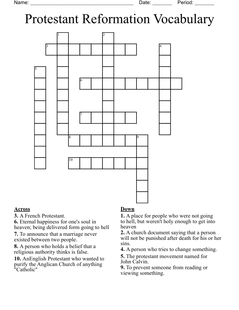 Protestant Reformation Vocabulary Crossword