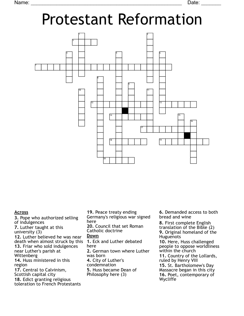 Protestant Reformation  Crossword