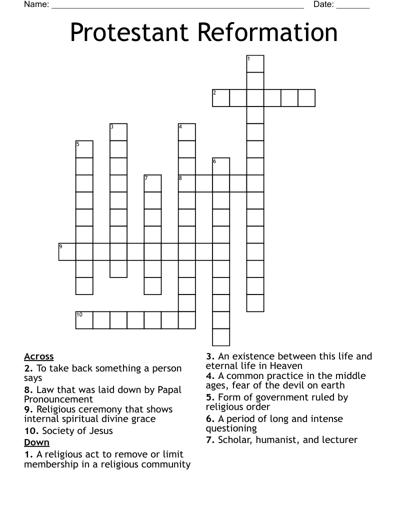 Protestant Reformation  Crossword