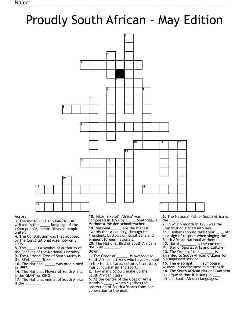 Proudly South African - May Edition Crossword
