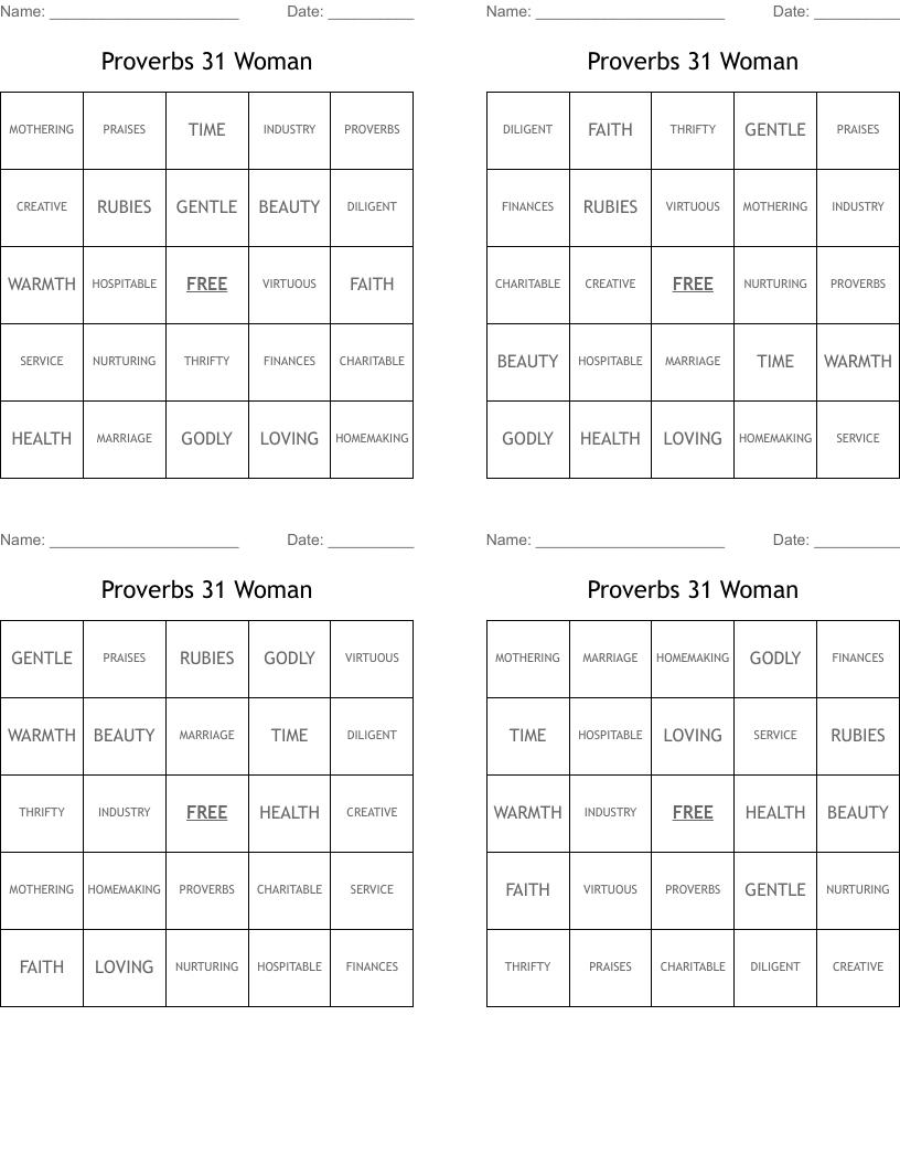 Proverbs 31 Woman Bingo Cards