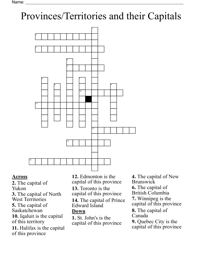 Provinces/Territories and their Capitals Crossword