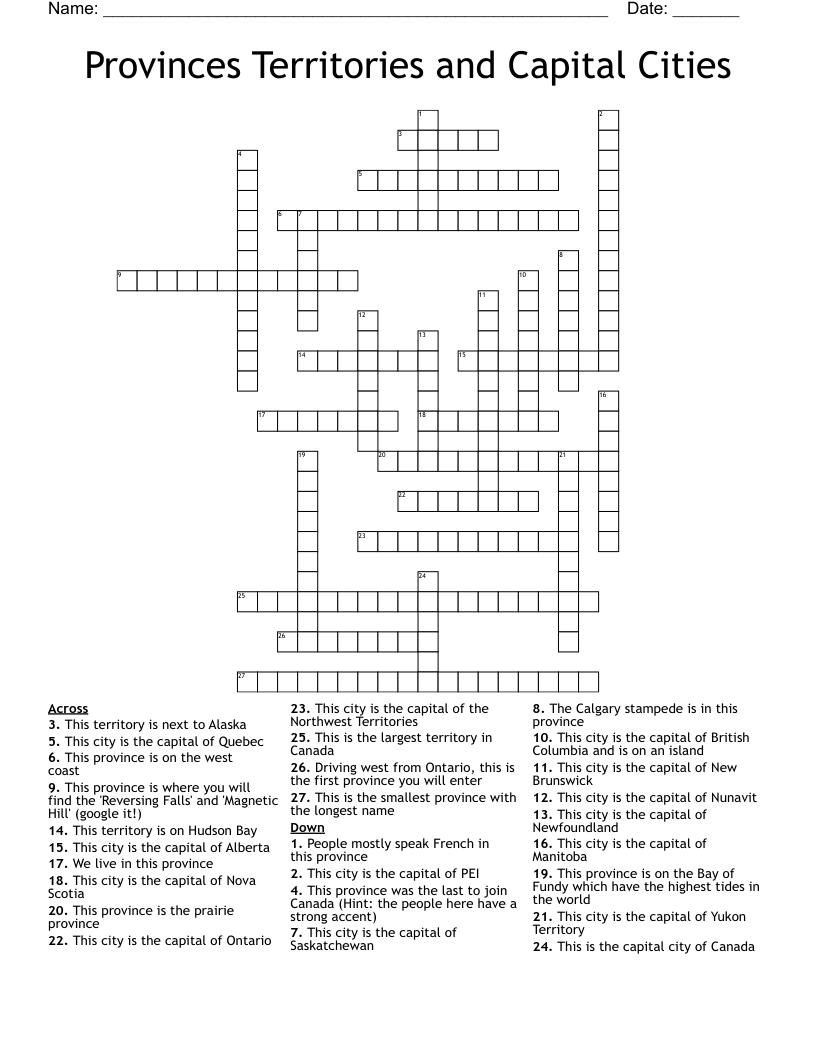 Provinces Territories and Capital Cities Crossword