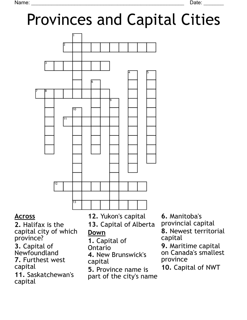 Provinces and Capital Cities Crossword