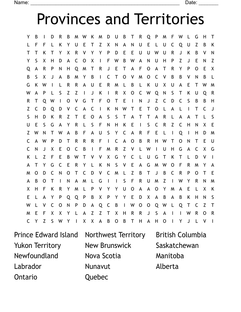 Provinces and Territories Word Search