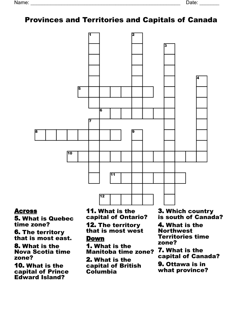 Provinces and Territories and Capitals of Canada Crossword