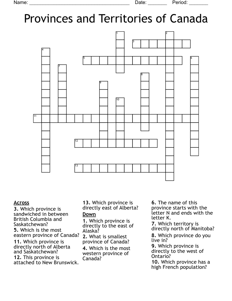 Provinces and Territories of Canada Crossword