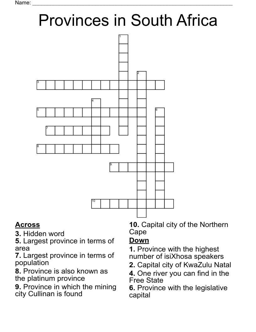 Provinces in South Africa Crossword